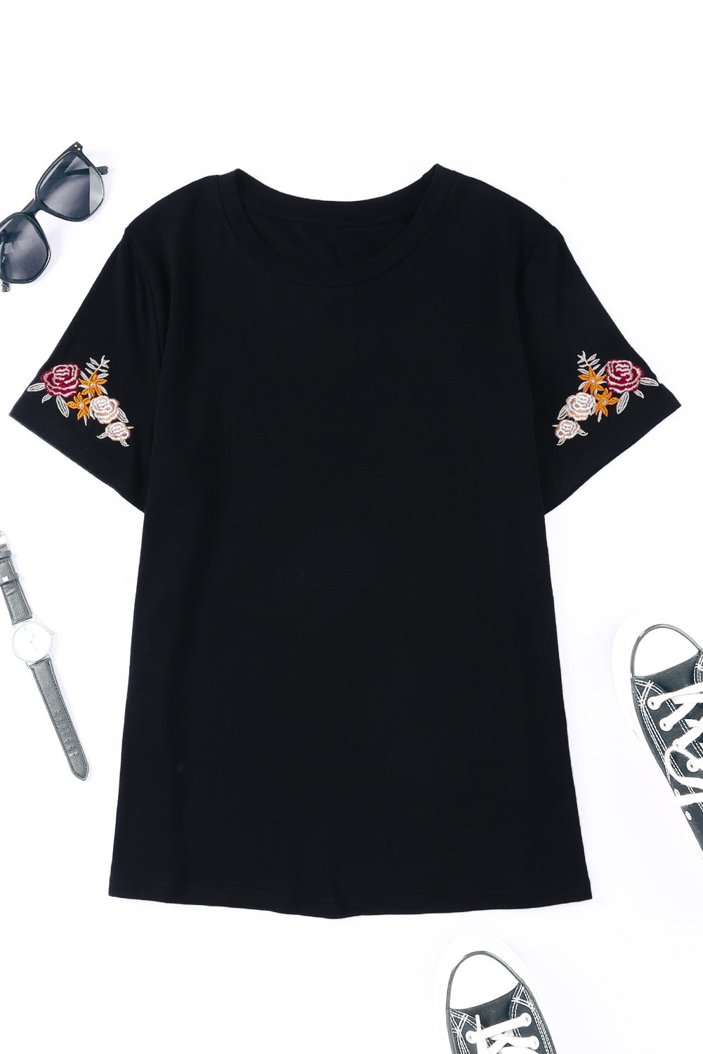 Black Floral Embroidered Round Neck Short Sleeve T Shirt