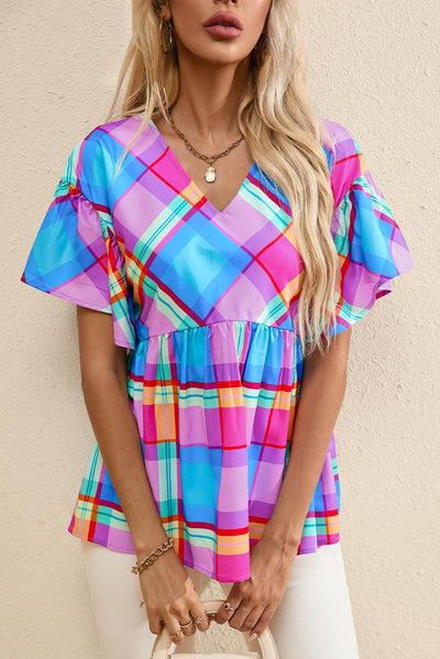 Sky Blue Colorful Plaid V Neck Ruffled Short Sleeve Babydoll Top