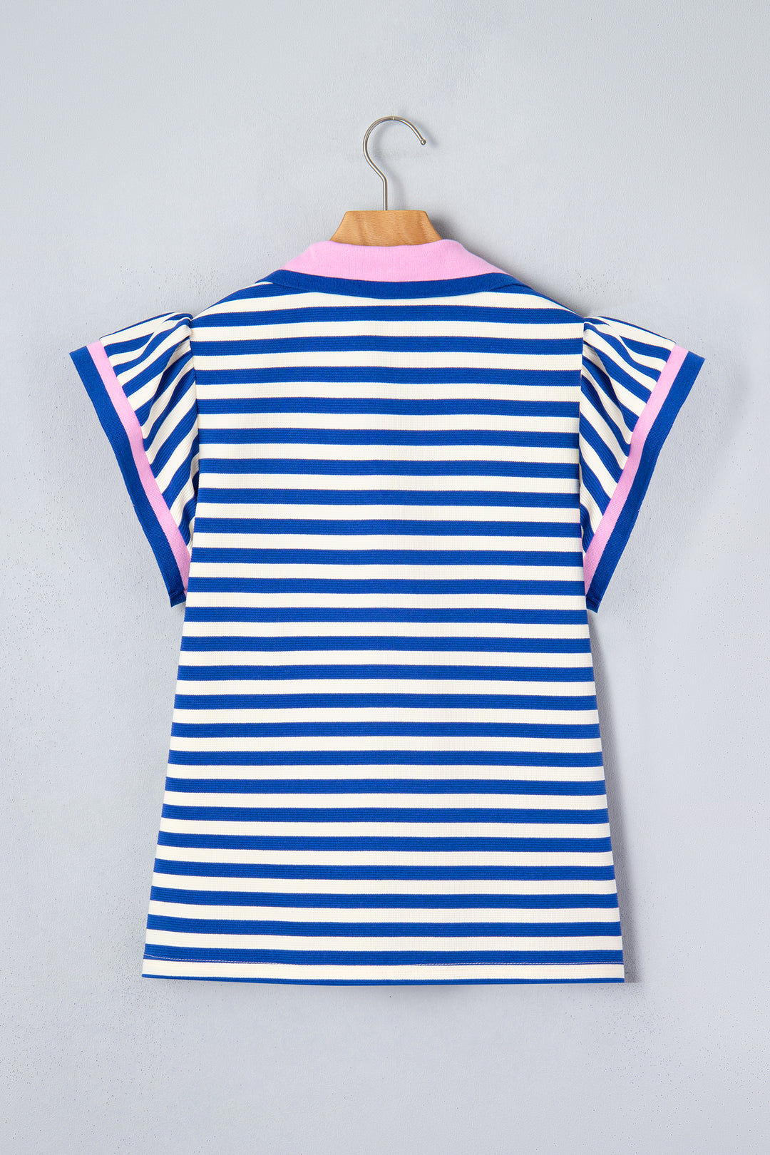 Rose Stripe Contrast Trim Polo Collar Ruffled Short Sleeve Blouse