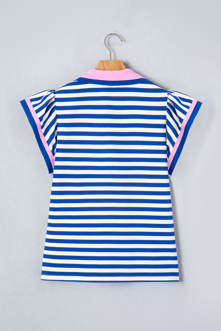 Rose Stripe Contrast Trim Polo Collar Ruffled Short Sleeve Blouse