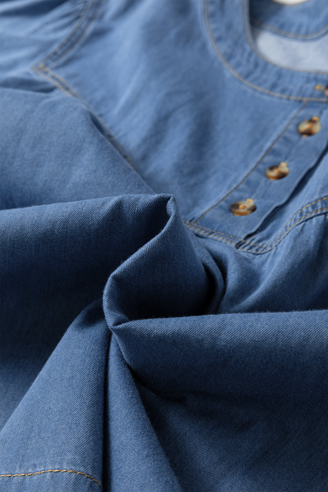 Beau Blue Seam Pleated Detail Half Button Short Sleeve Denim Top