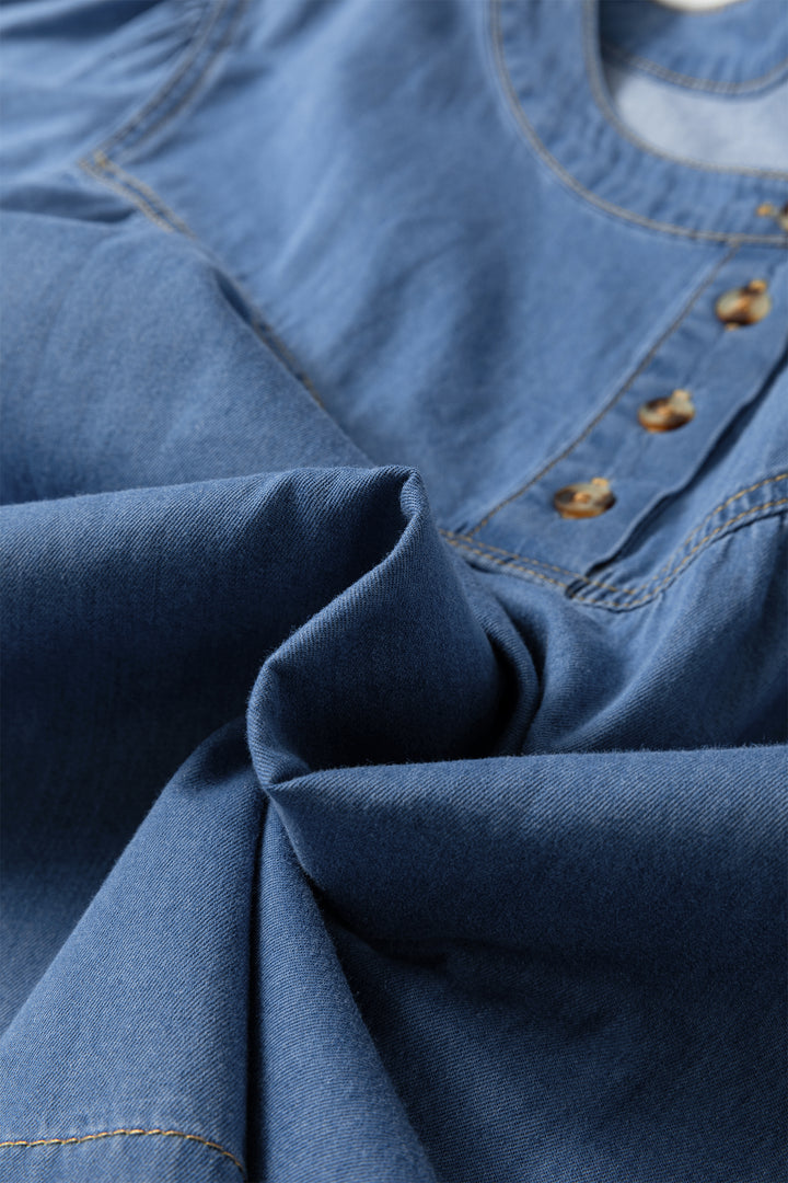 Beau Blue Seam Pleated Detail Half Button Short Sleeve Denim Top