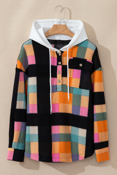 Multicolour Plaid Color Block Flap Pocket Buttoned Hoodie