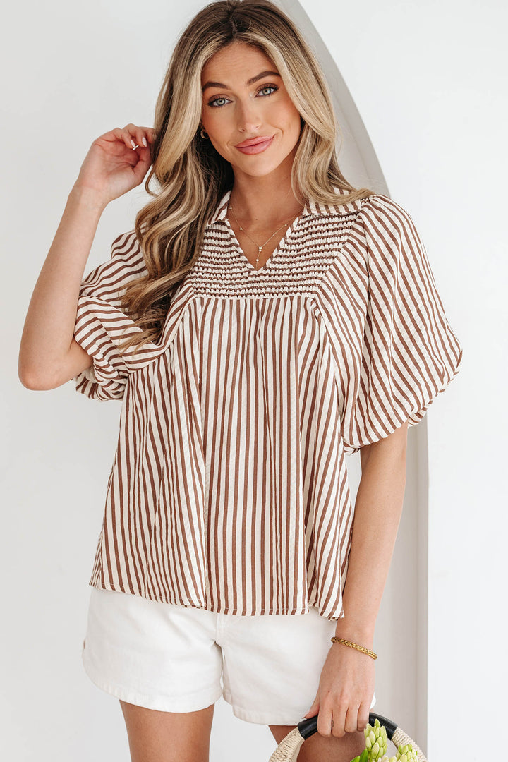 Brown Stripe Shirred V Neck Short Puff Sleeve Blouse
