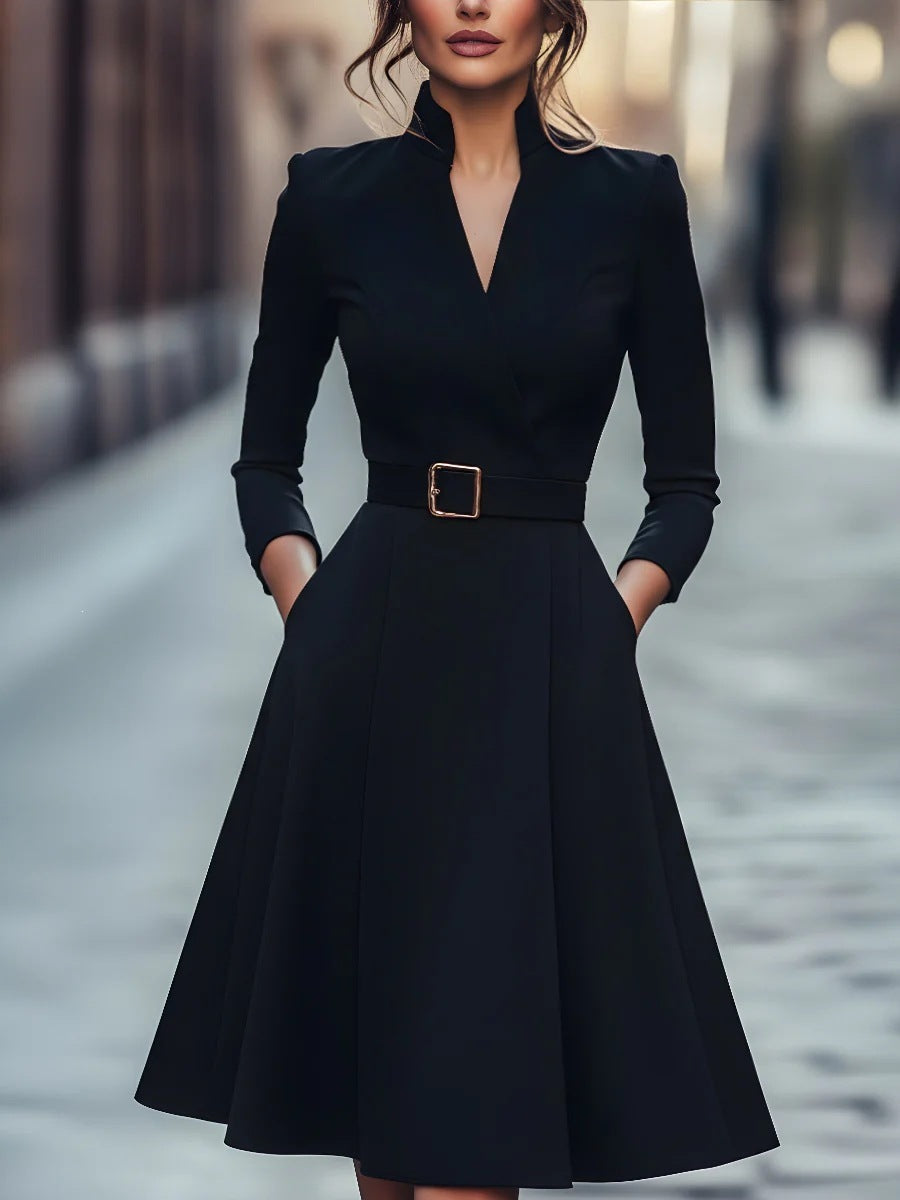 V-Neck Long Sleeve Swing Dress – Women&