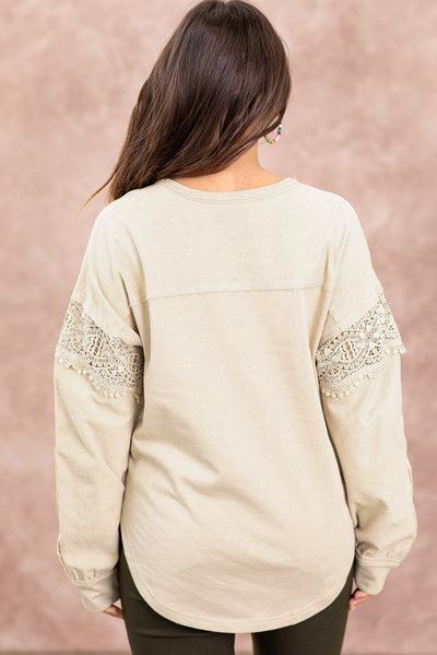 Oatmeal Notched Neck Crochet Insert Round Hem Sweatshirt