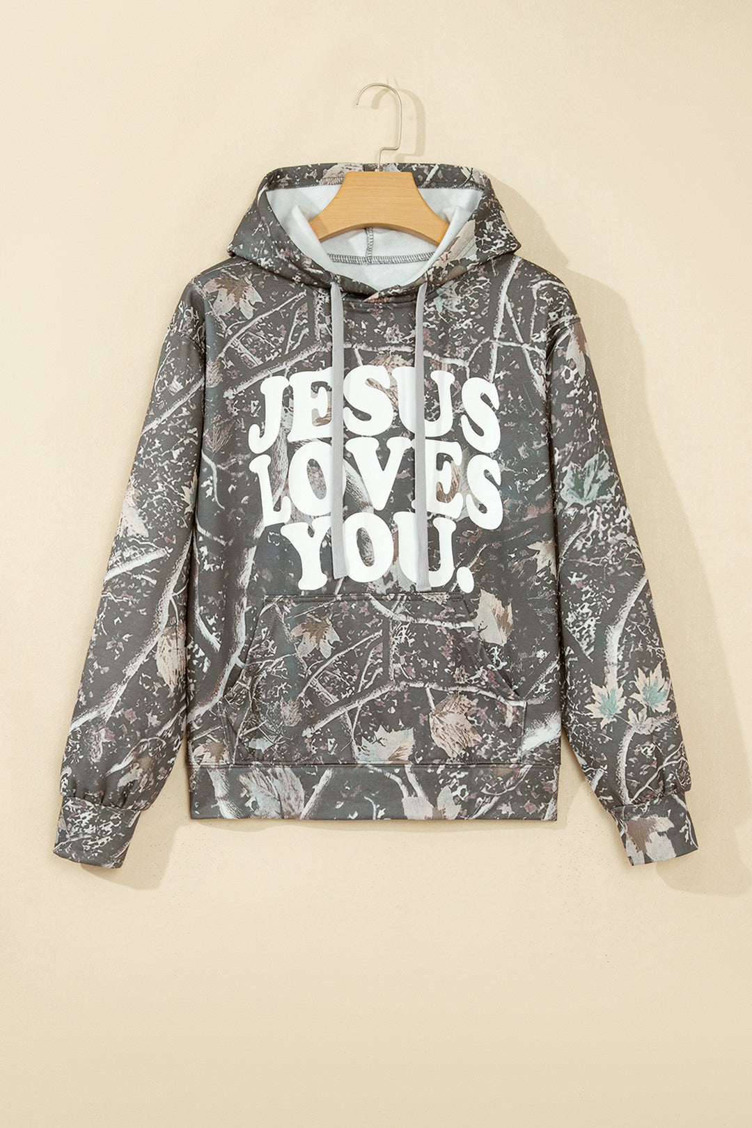Brown Retro Camouflage Jesus Loves You Print Relaxed Hoodie