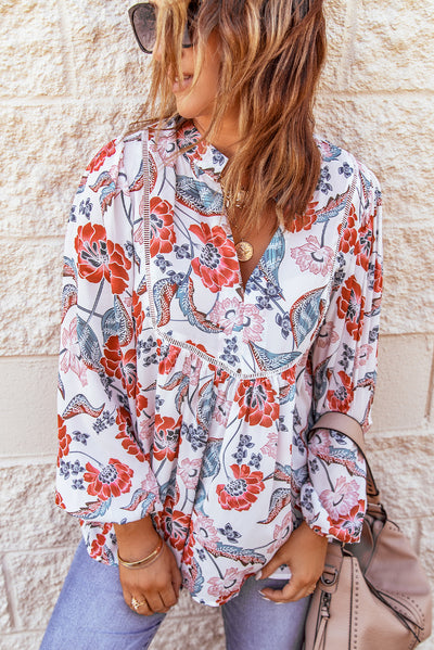 Fiery Red Split Neck Bubble Sleeve Floral Patchwork Blouse