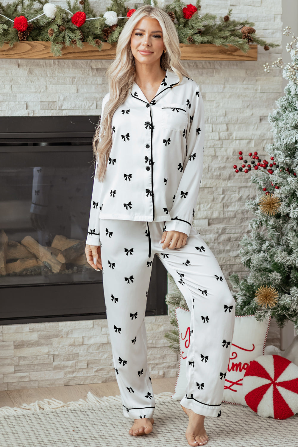 White Bows Print Two Piece Sleepwear
