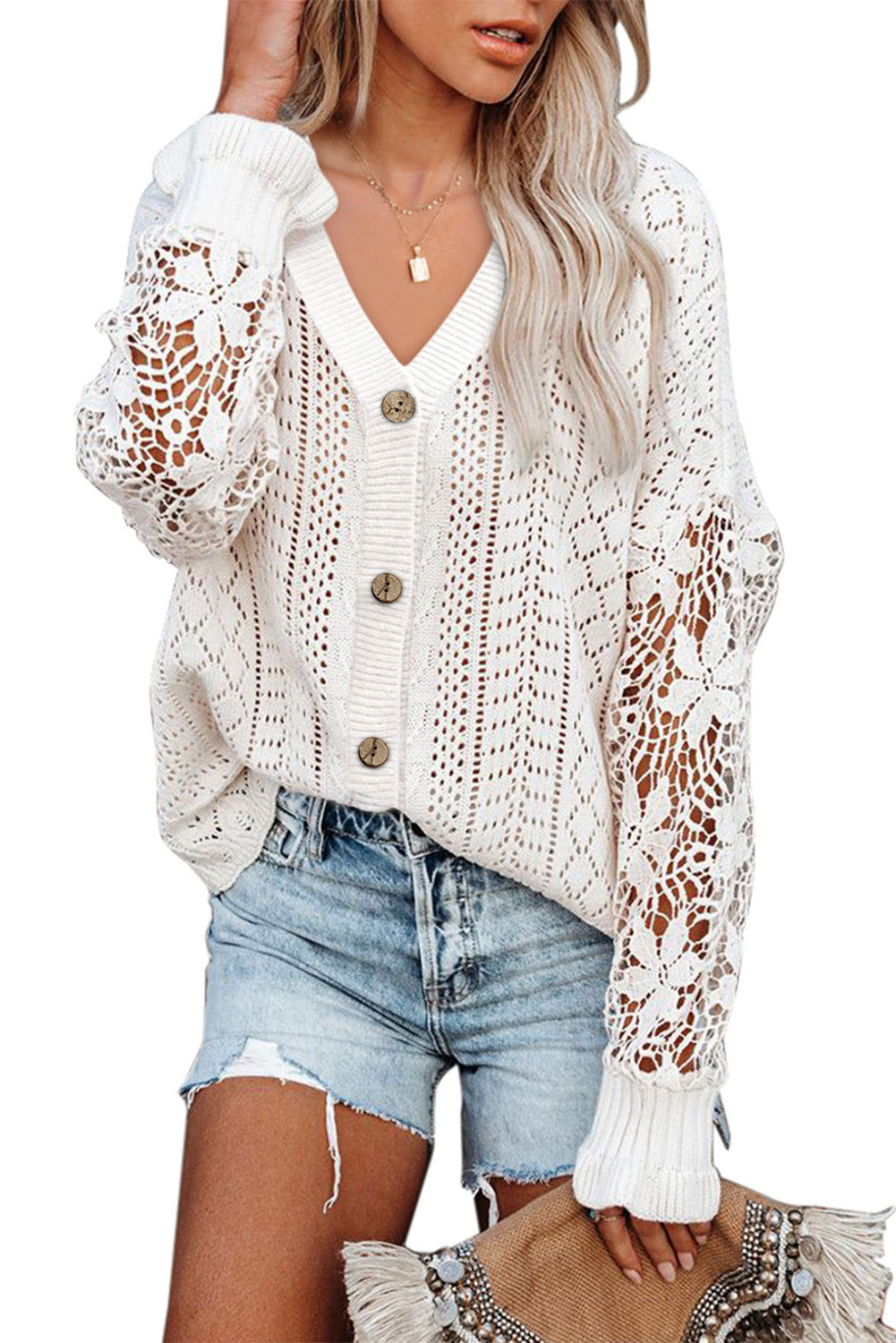 White Lace Crochet Hollow Out Knit Buttoned Sweater