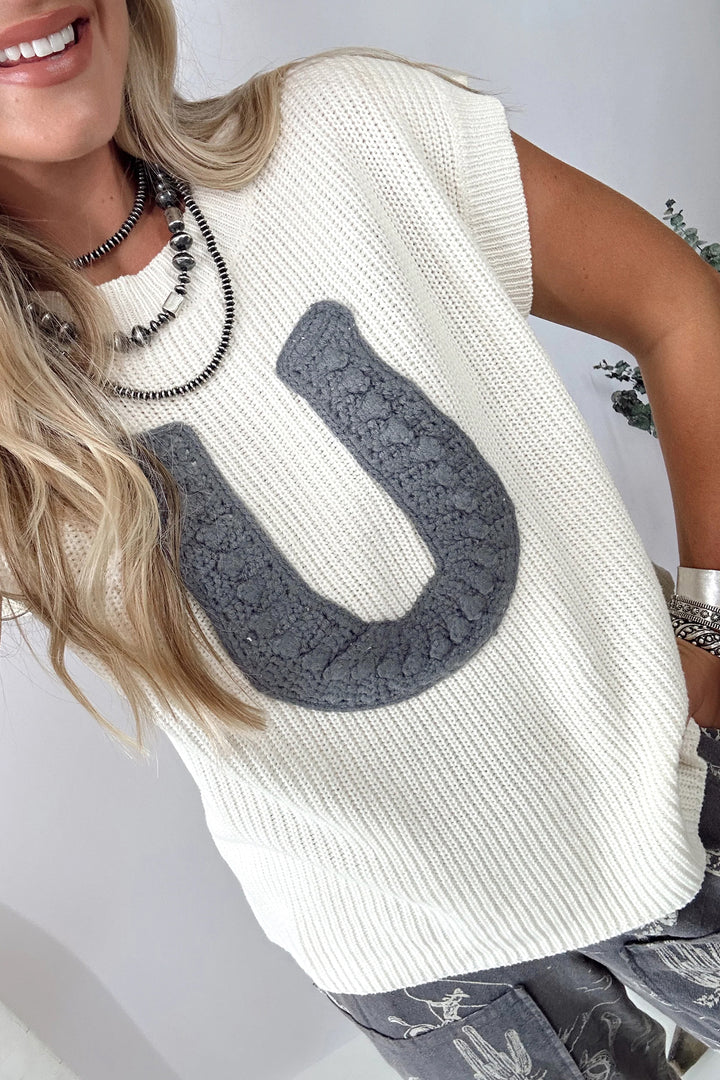Turquoise Crochet Horseshoe Short Sleeve Knit Sweater