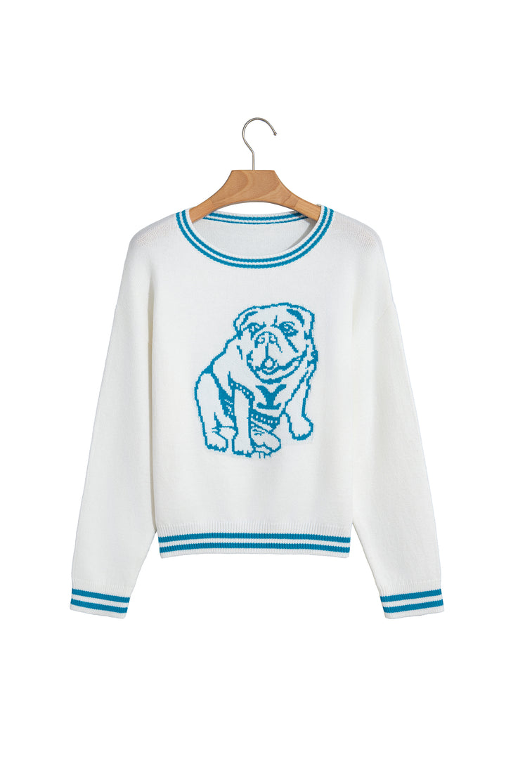 Light Blue Bulldog Contrast Trim Round Neck Casual Sweater