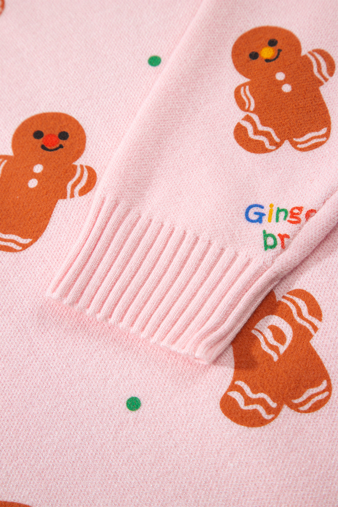 Pink Festive Gingerbread Pattern Long Sleeve Round Neck Sweater
