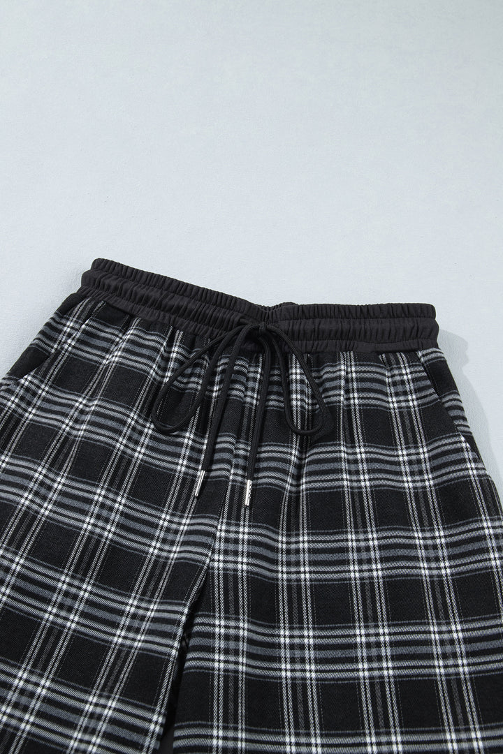 Black Frenchy Plaid Pattern Contrast Drawstring Waist Wide Leg Pants