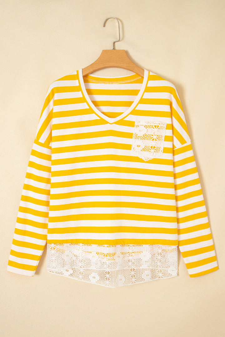 Yellow Stripe Striped Lace Patchwork V Neck Long Sleeve Top