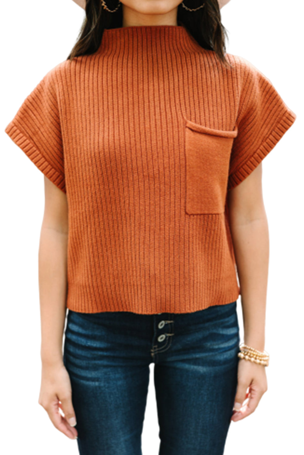 Gold Flame Patch Pocket Ribbed Knit Short Sleeve Sweater