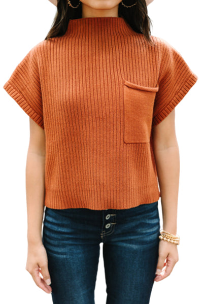 Gold Flame Patch Pocket Ribbed Knit Short Sleeve Sweater