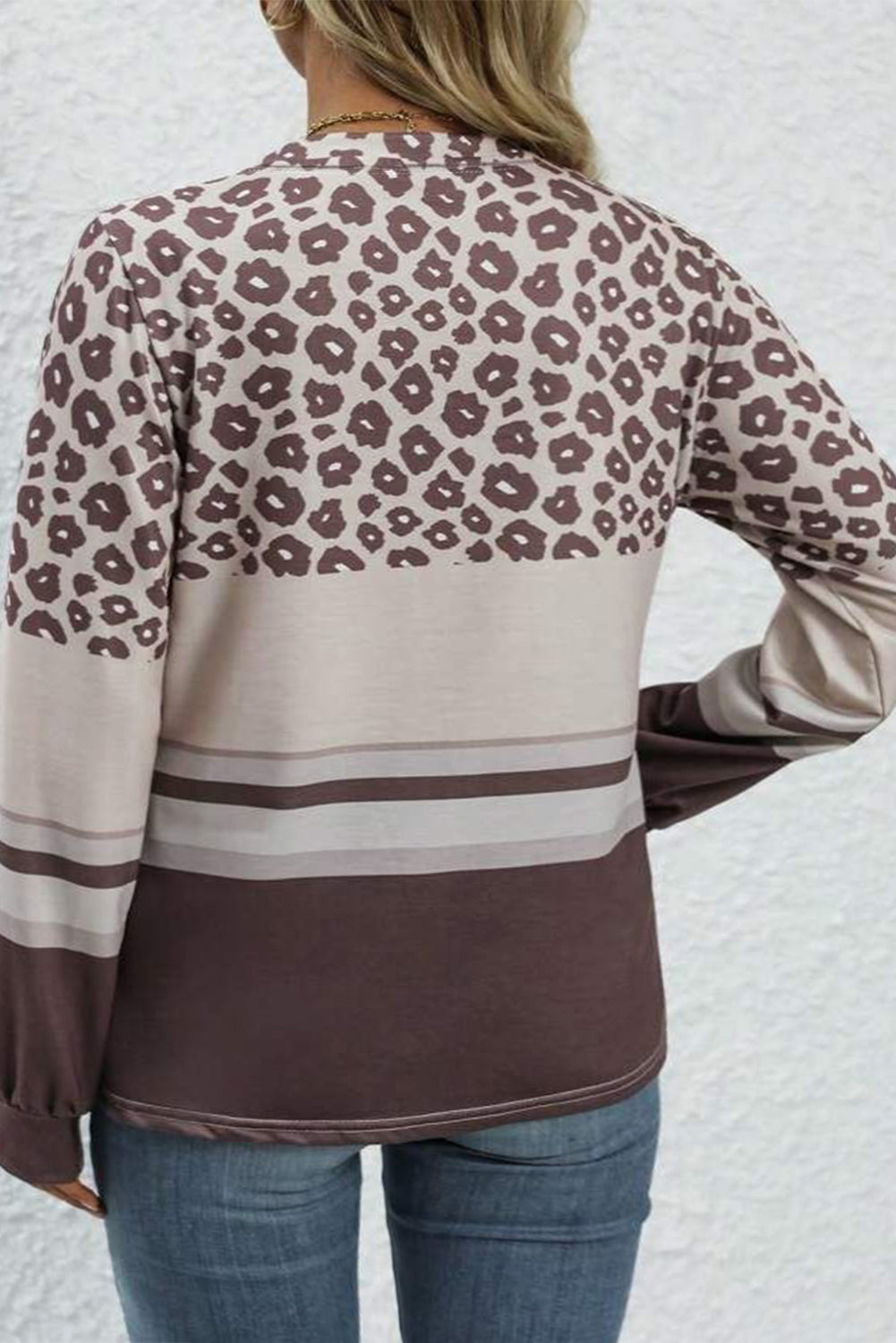 Coffee Plus Size Leopard Striped Long Sleeve Crew Neck Top