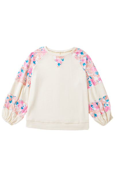 Apricot Plus Size Floral Patchwork Ribbed Puff Sleeve Top