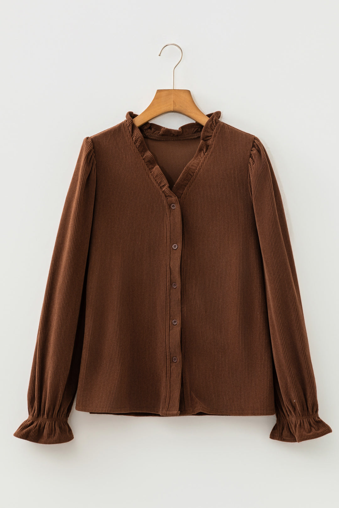 Coffee Solid Color Ruffle Trim V Neck Long Sleeve Button Corduroy Shakcet