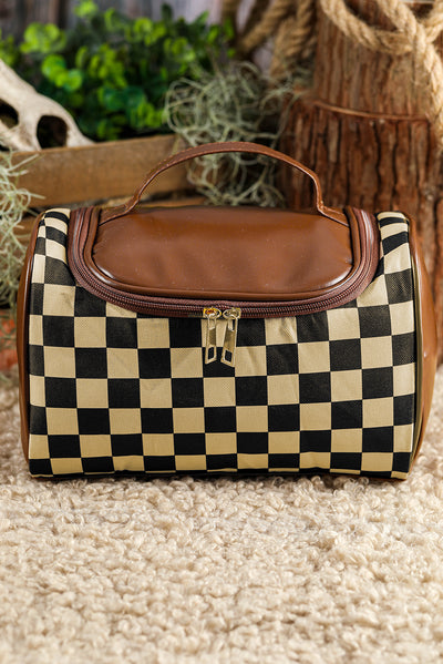 Black Checkered PU Leather Zipper Makeup Bag