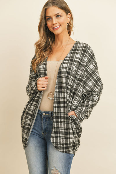 Plaid Round Hem Pocket Open Cardigan