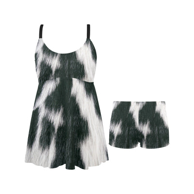 Black White Cow Hide Print Swim Dress & Shorts Set