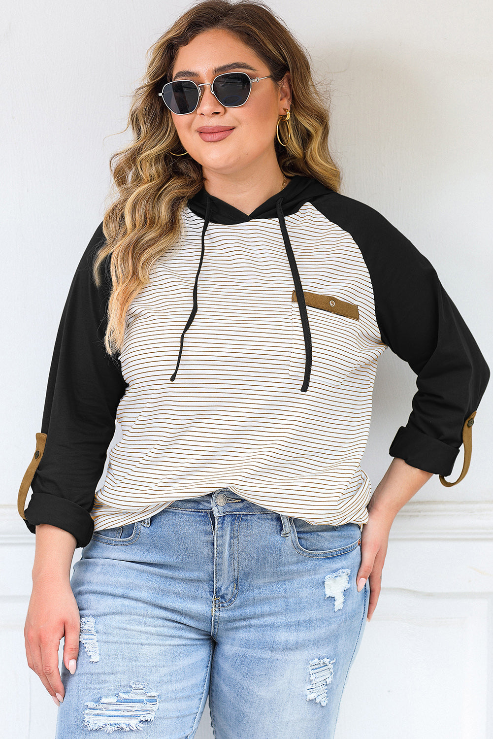 Green Striped Raglan Sleeve Buttoned Pocket Plus Size Hoodie