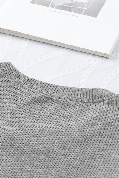 Gray Dotty Mesh Ruffle Sleeve Ribbed Knit Top