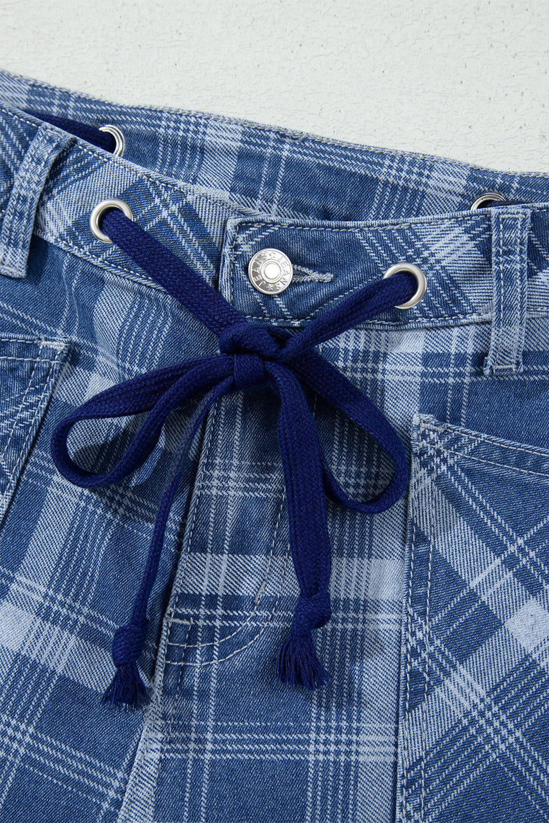 Sky Blue Plaid Denim Grommet Drawstring Waist Ankle-Length Jeans