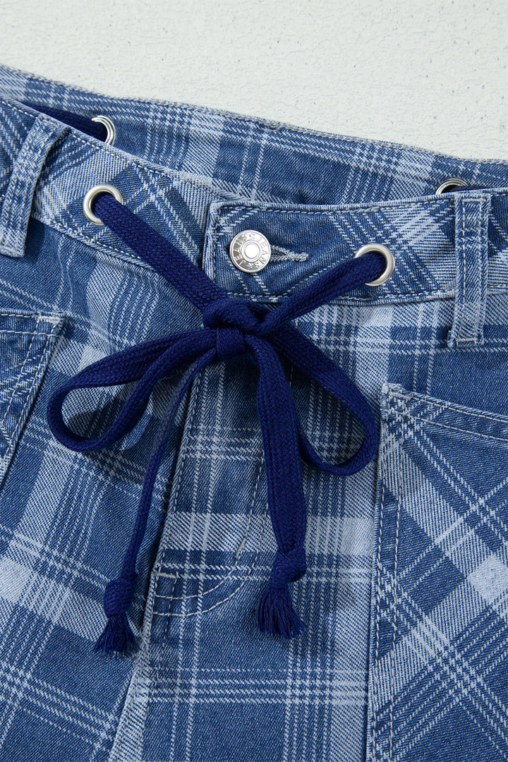 Sky Blue Plaid Denim Grommet Drawstring Waist Ankle-Length Jeans