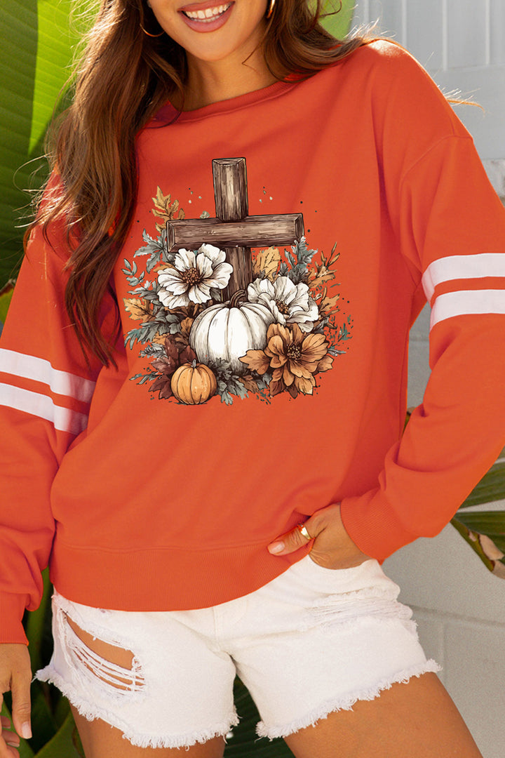 Orange Thanksgiving Floral Pumpkin Cross Print Banded Sleeve Graphic Sweatshirt
