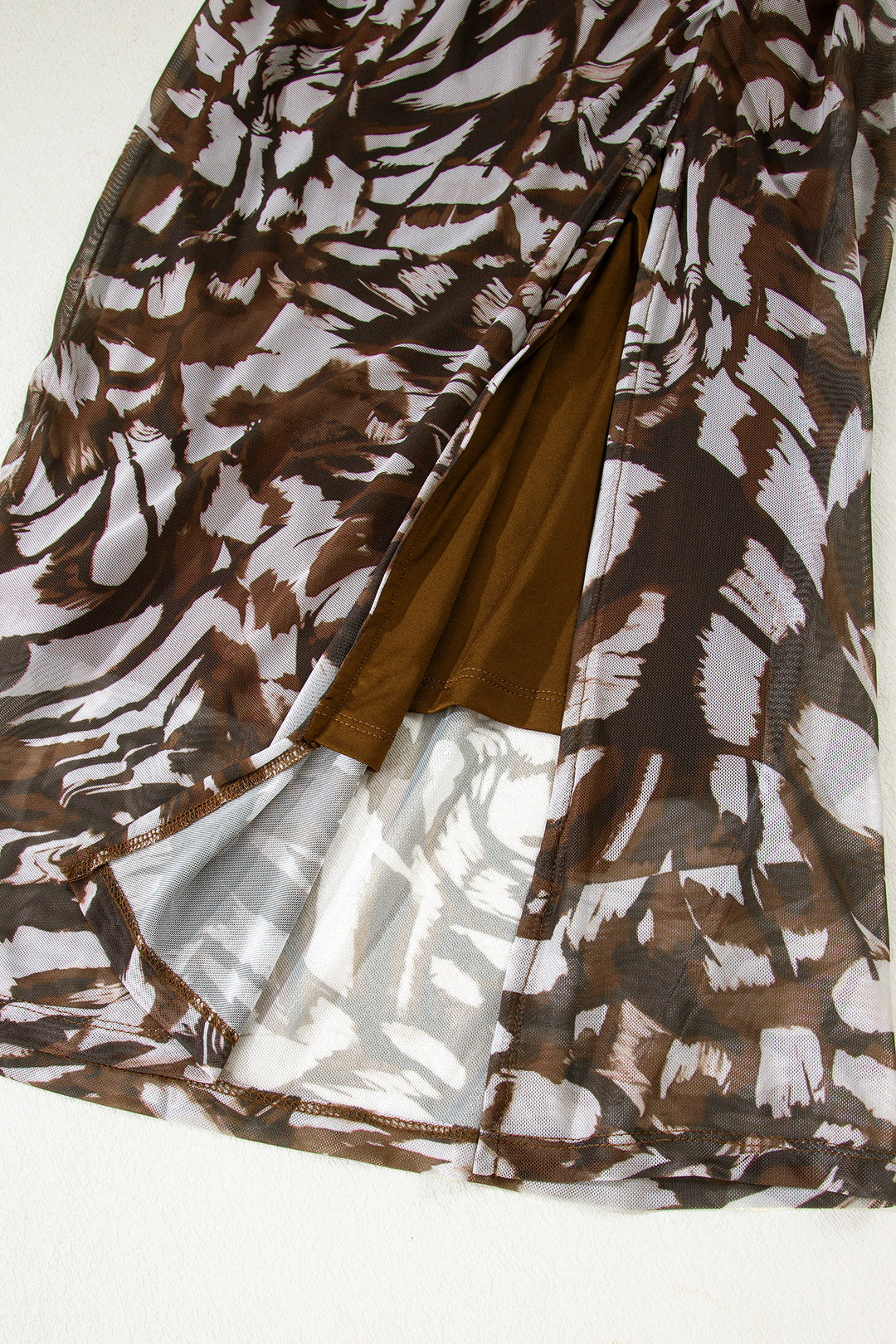 Brown Abstract Print Mesh Cowl Neck Cap Sleeve Ruched Midi Dress with Slit