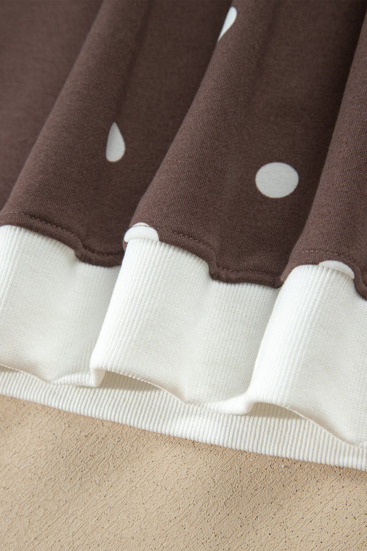 Brown Polka Dot Ribbed Trim Long Sleeve Top Casual Short Set