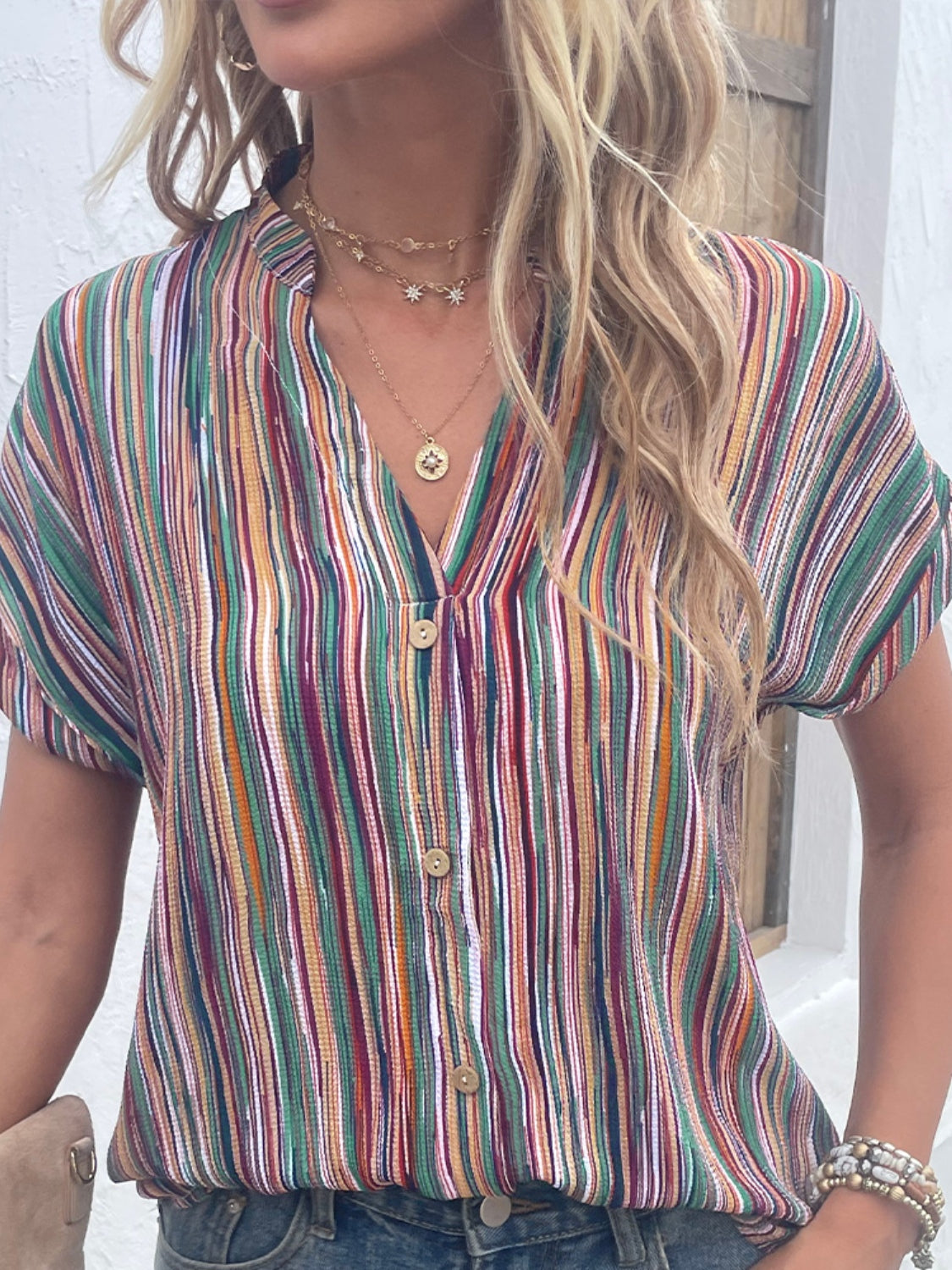 Shiny Striped Notched Short Sleeve Blouse