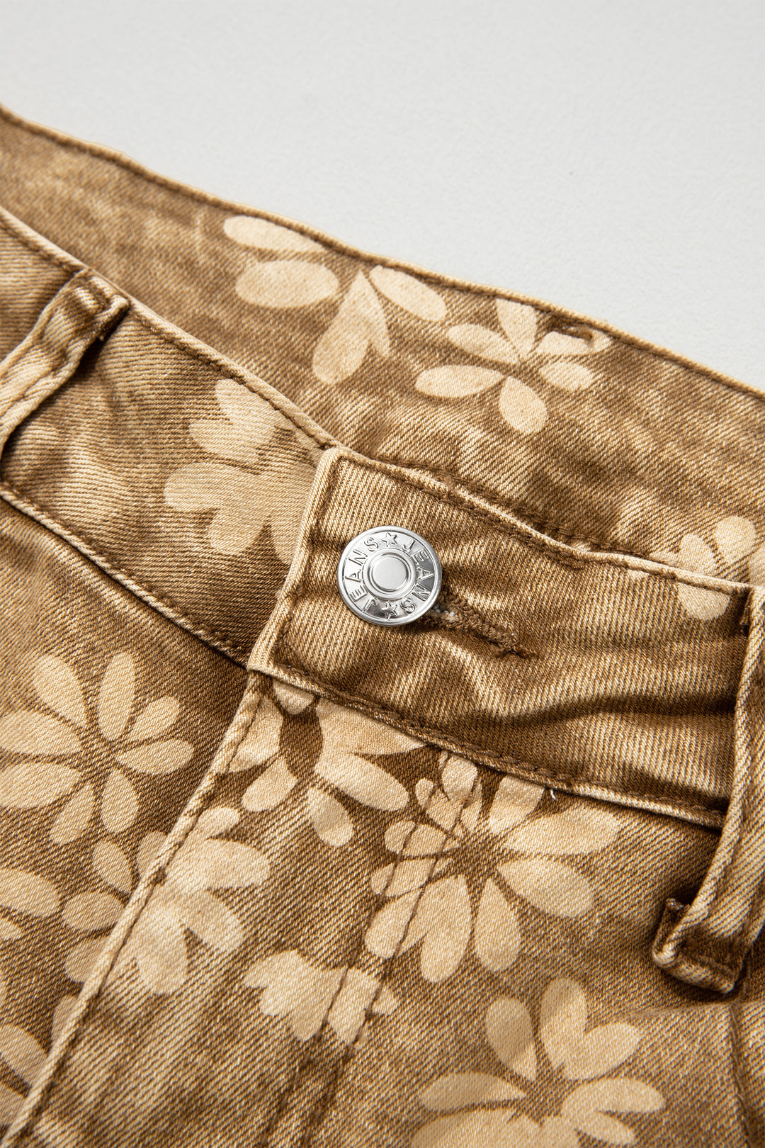 Khaki Floral Print Metal Button Pleated Straight Leg Jeans