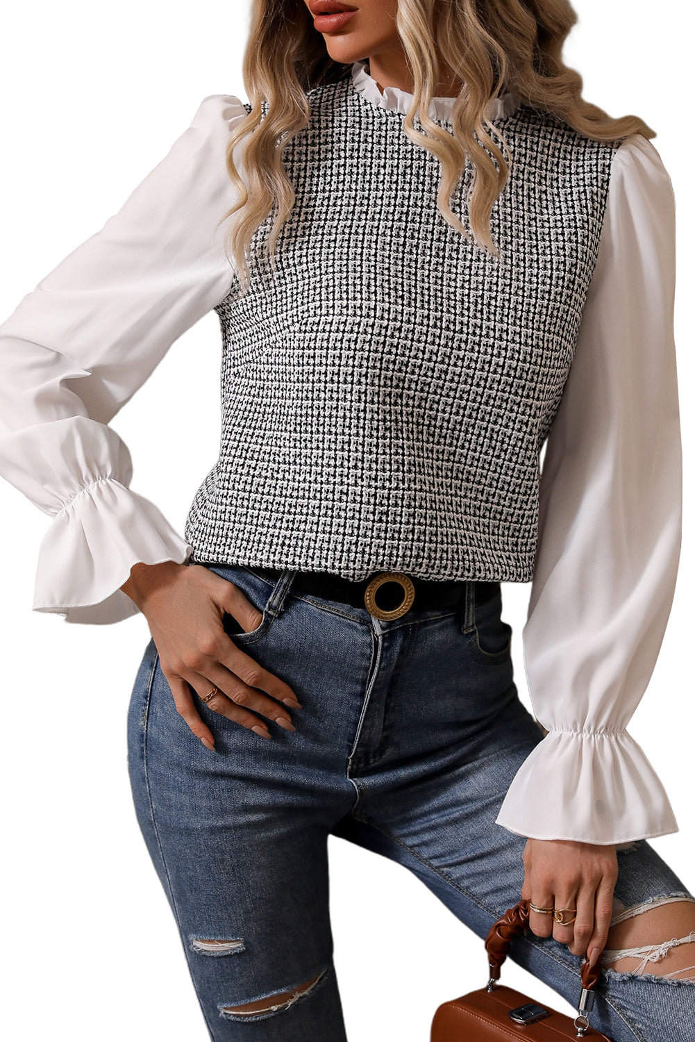 Black Frill Neck Contrast Flounce Sleeve Tweed Top