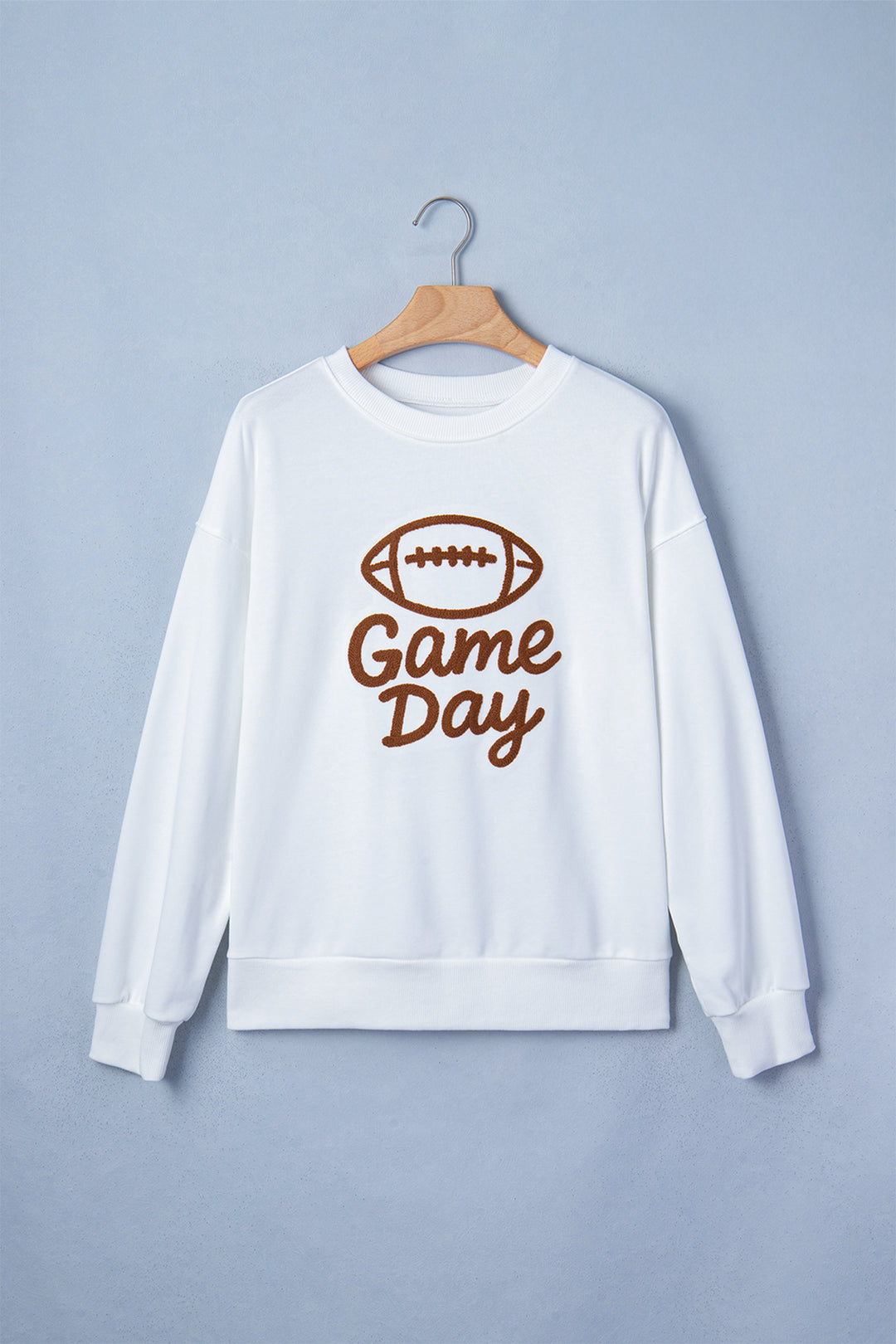 White Embroidered Slogan Game Day Rugby Pattern Crewneck Sweatshirt