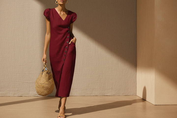 Women’s Casual V-Neck Short Sleeve Midi Dress