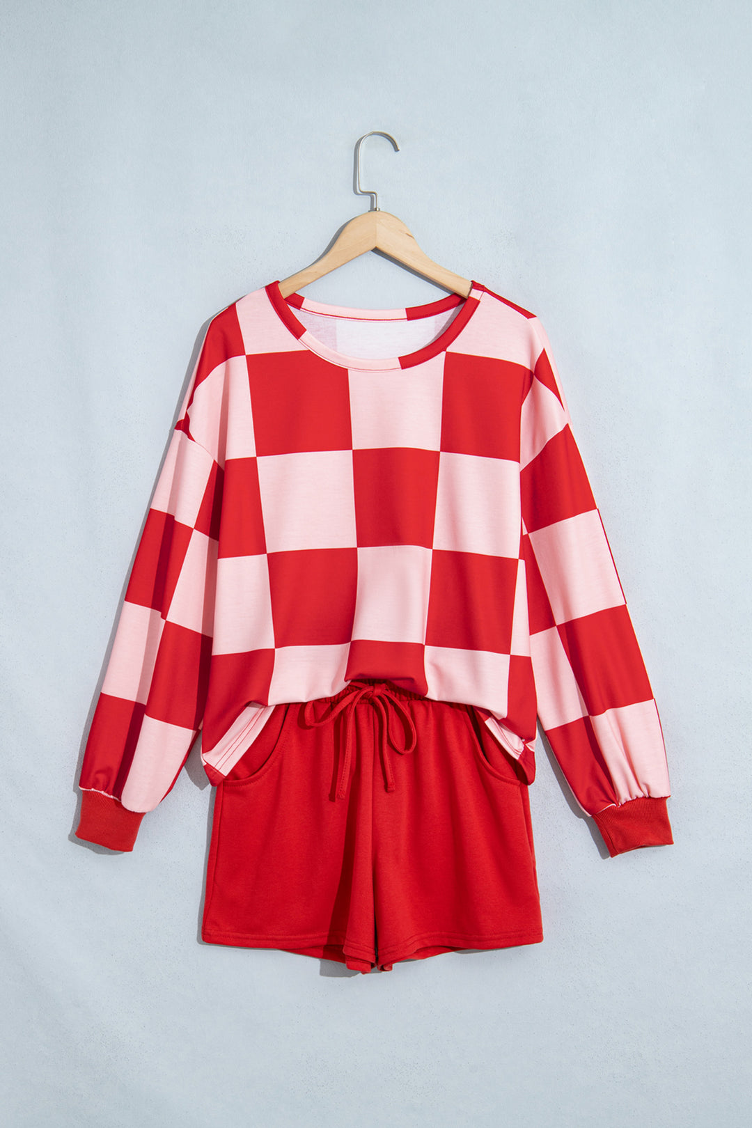 Khaki Checkerboard Plaid Long Sleeve Solid Color Shorts 2pcs Set