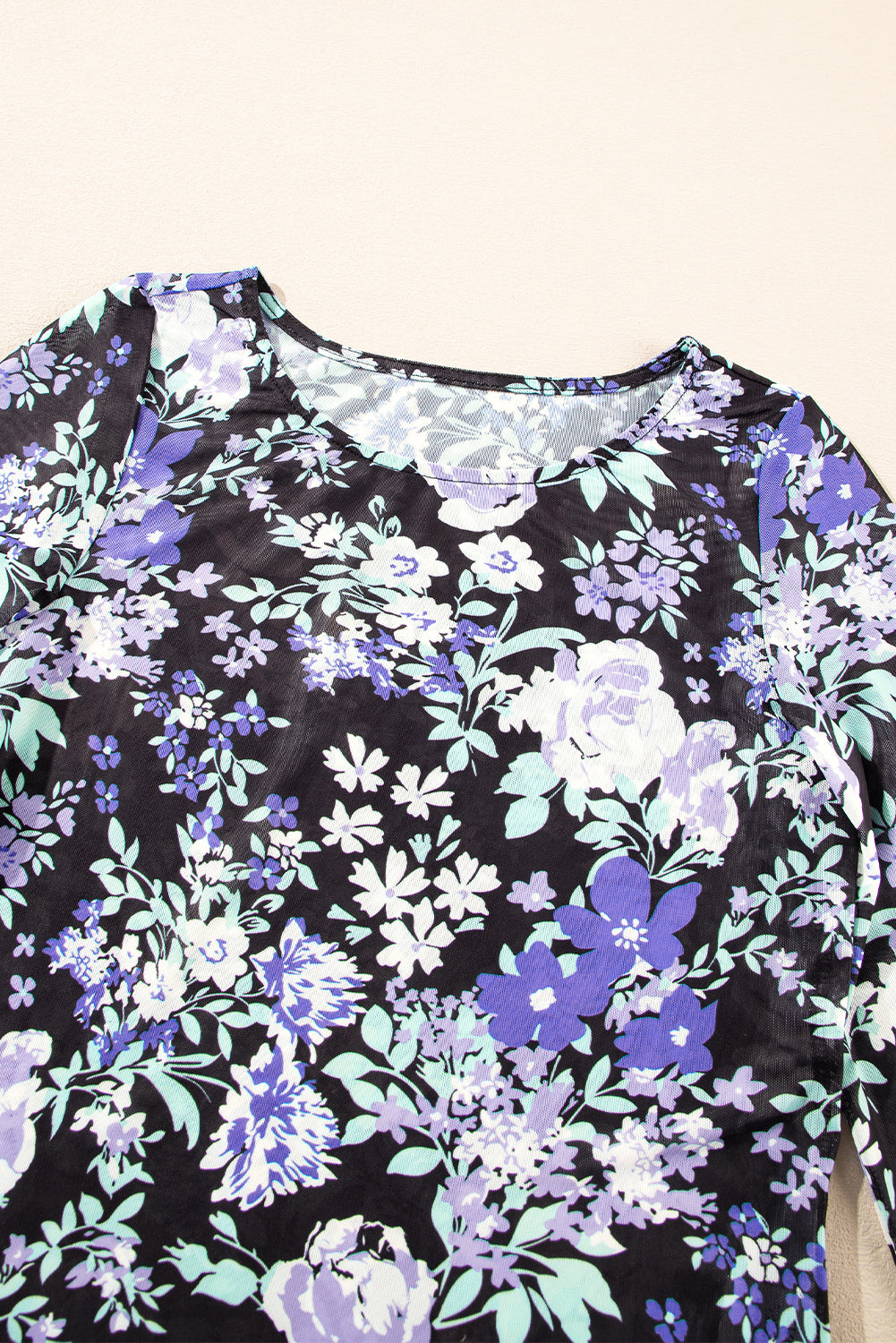 Orchid Petal Floral Print Mesh Fitted Long Sleeve Top