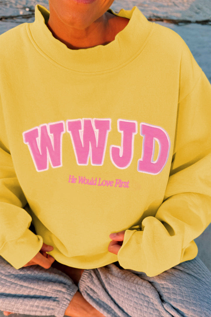 Pink WWJD Embroidered Trim Slogan Graphic Mock Pullover Sweatshirt