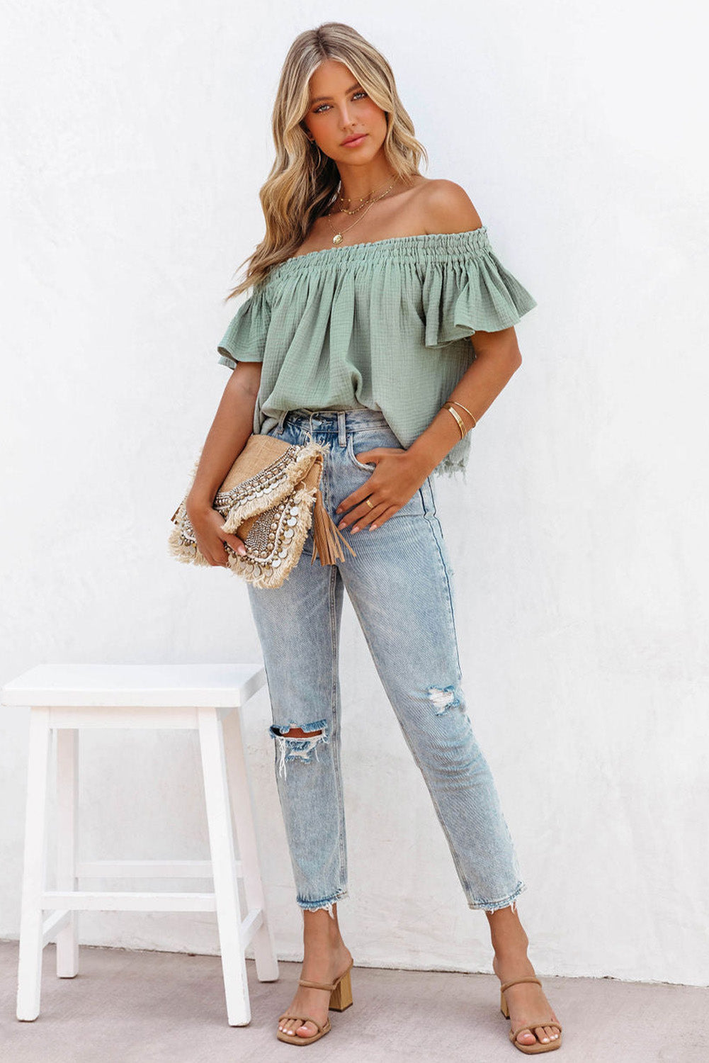 Green Off Shoulder Textured Ruched Ruffle Blouse