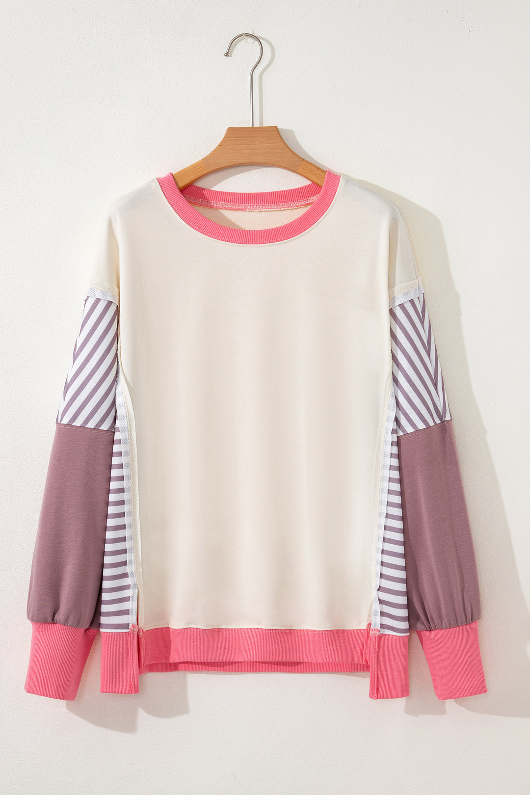 White Color Block Striped Patchwork Dolman Slit Sweatshirt