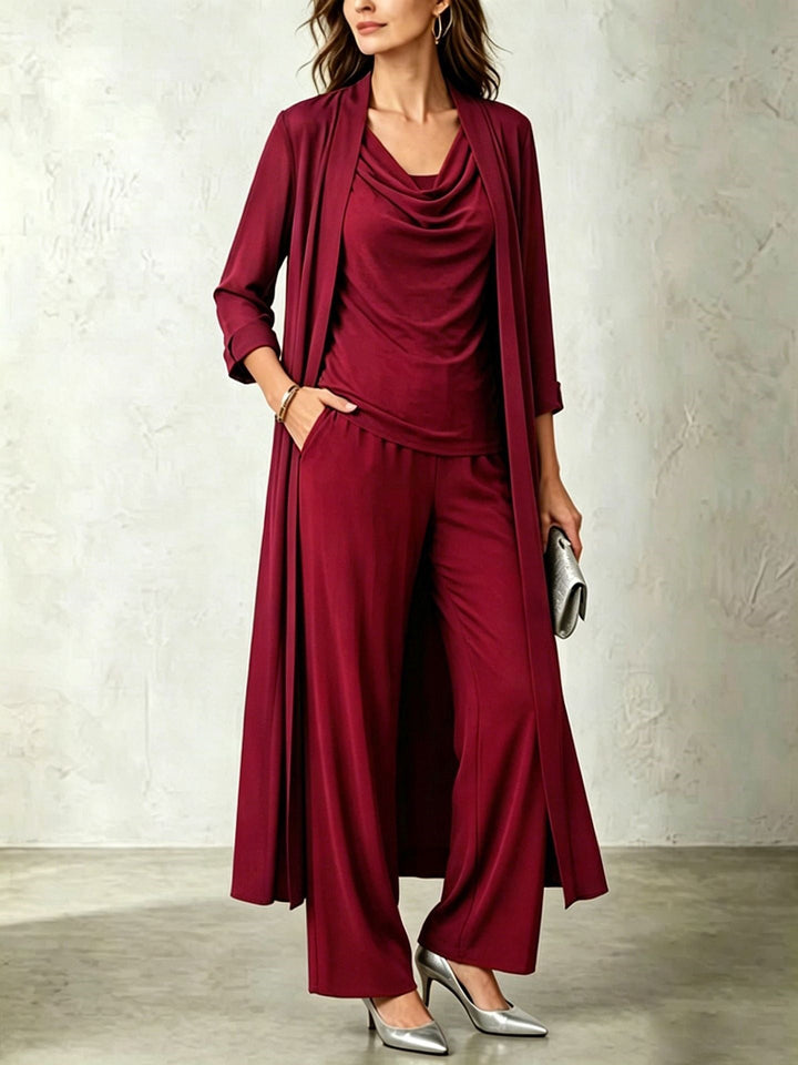 Long Sleeve Swing Collar Cardigan &amp; Wide-Leg Pants Three-Piece Set