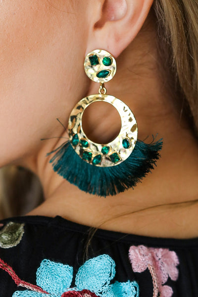 Emerald Rhinestone Tassel Gold Drop Earrings - Sybaritic Bags & Clothing