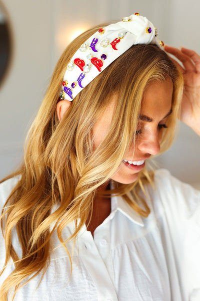 Red White & Blue Gem Cowboy Embellished Top Knot Headband - Sybaritic Bags & Clothing
