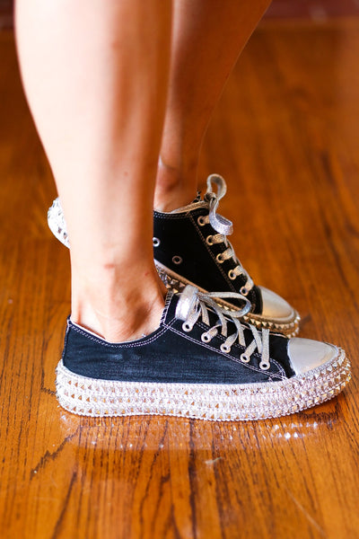 Get Their Attention Black Studded Canvas Sneakers - Sybaritic Bags & Clothing