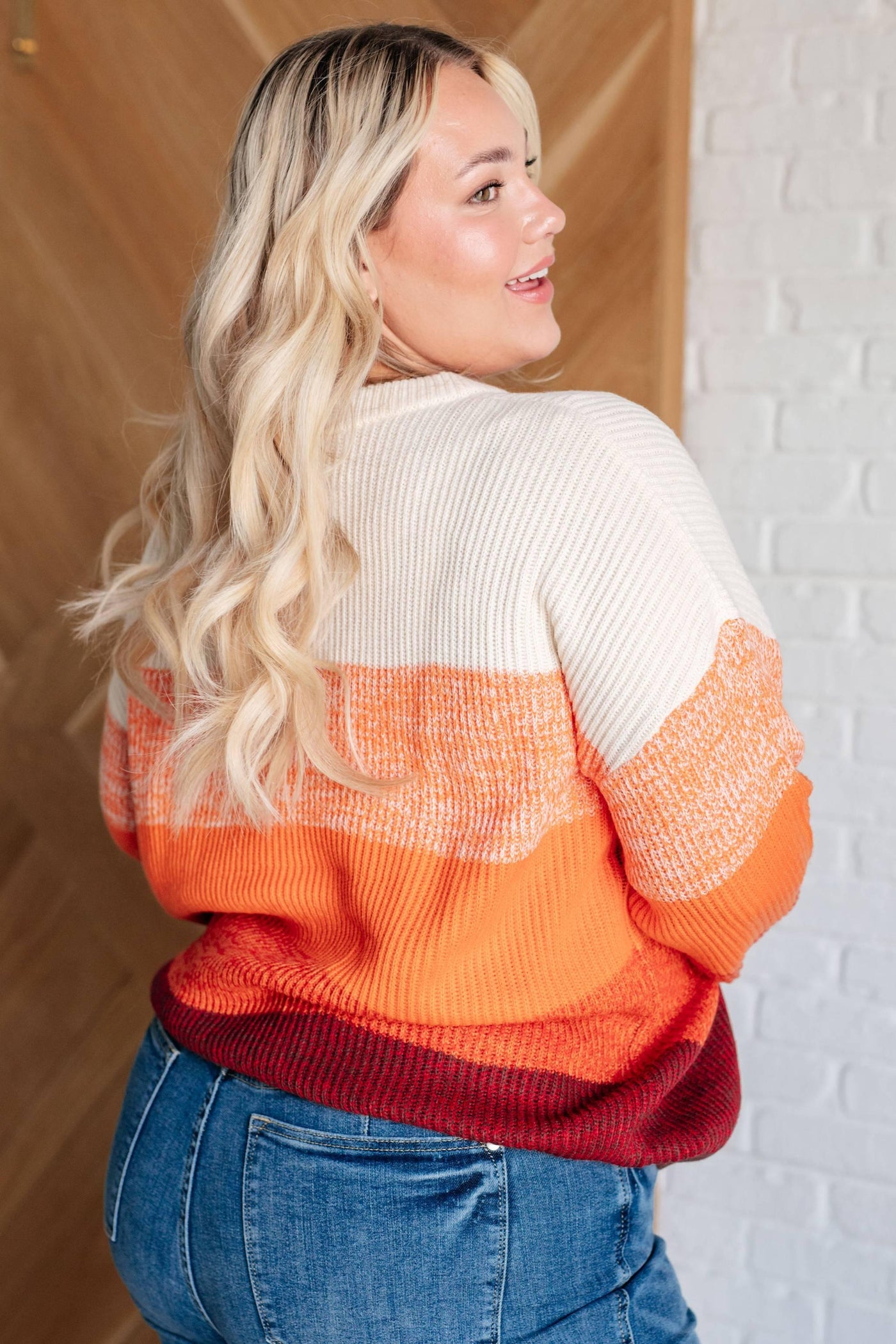 Back view of All Too Well color block sweater on model.