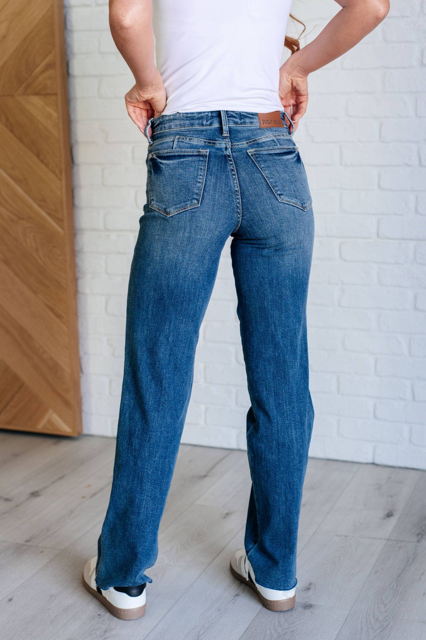 Rear view of Anita mid rise vintage straight jeans